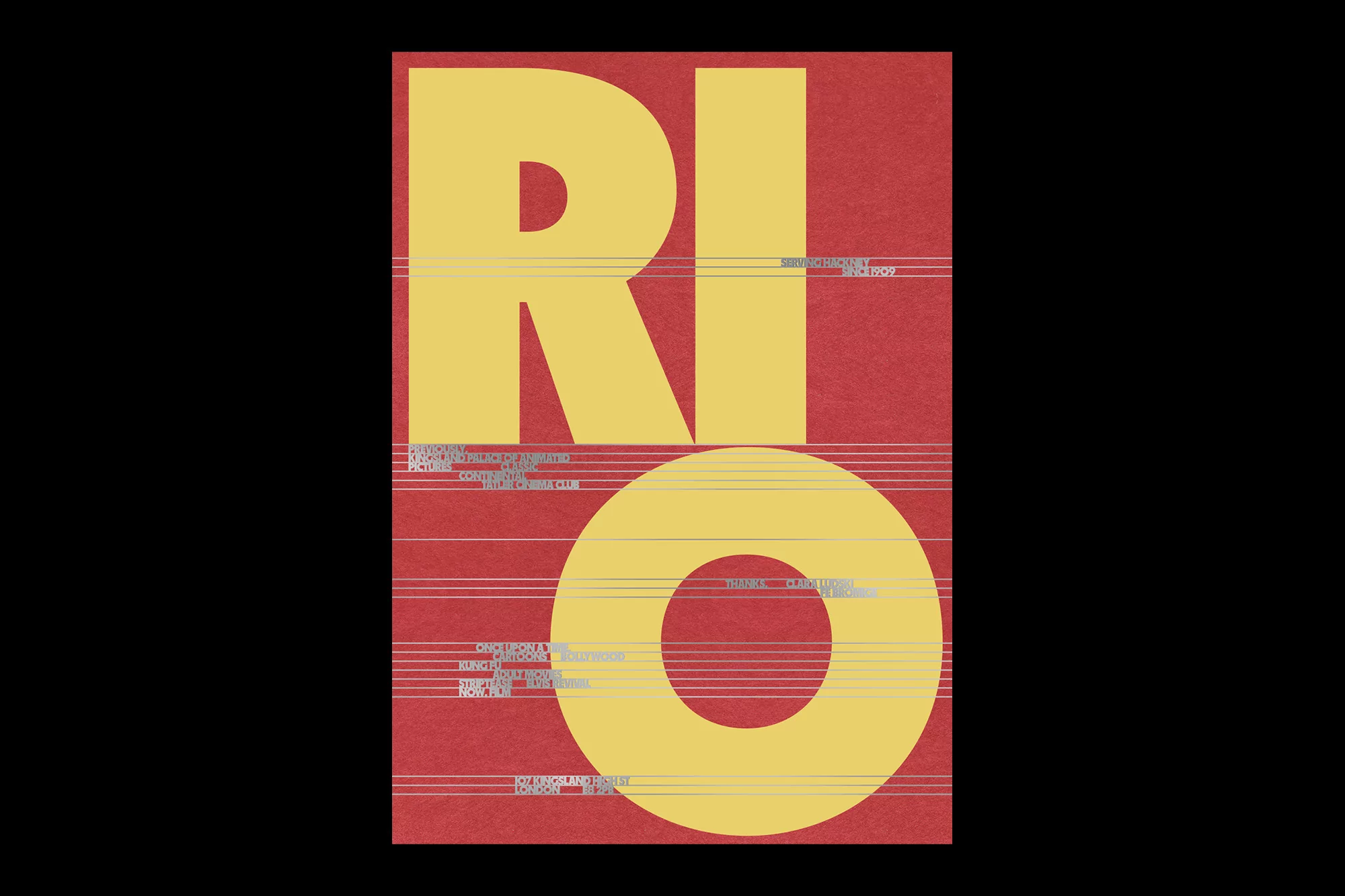 Text art on a red textured background featuring the word 'RIO' in large yellow letters and smaller lines of grey text.