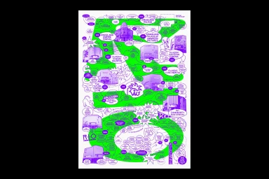 Detailed white poster featuring purple and green illustrative timeline mapping Rio Cinema history with buildings and text.