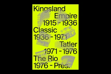 Bright yellow poster design featuring bold black typography listing historical cinema names and date ranges over monochrome graphics.