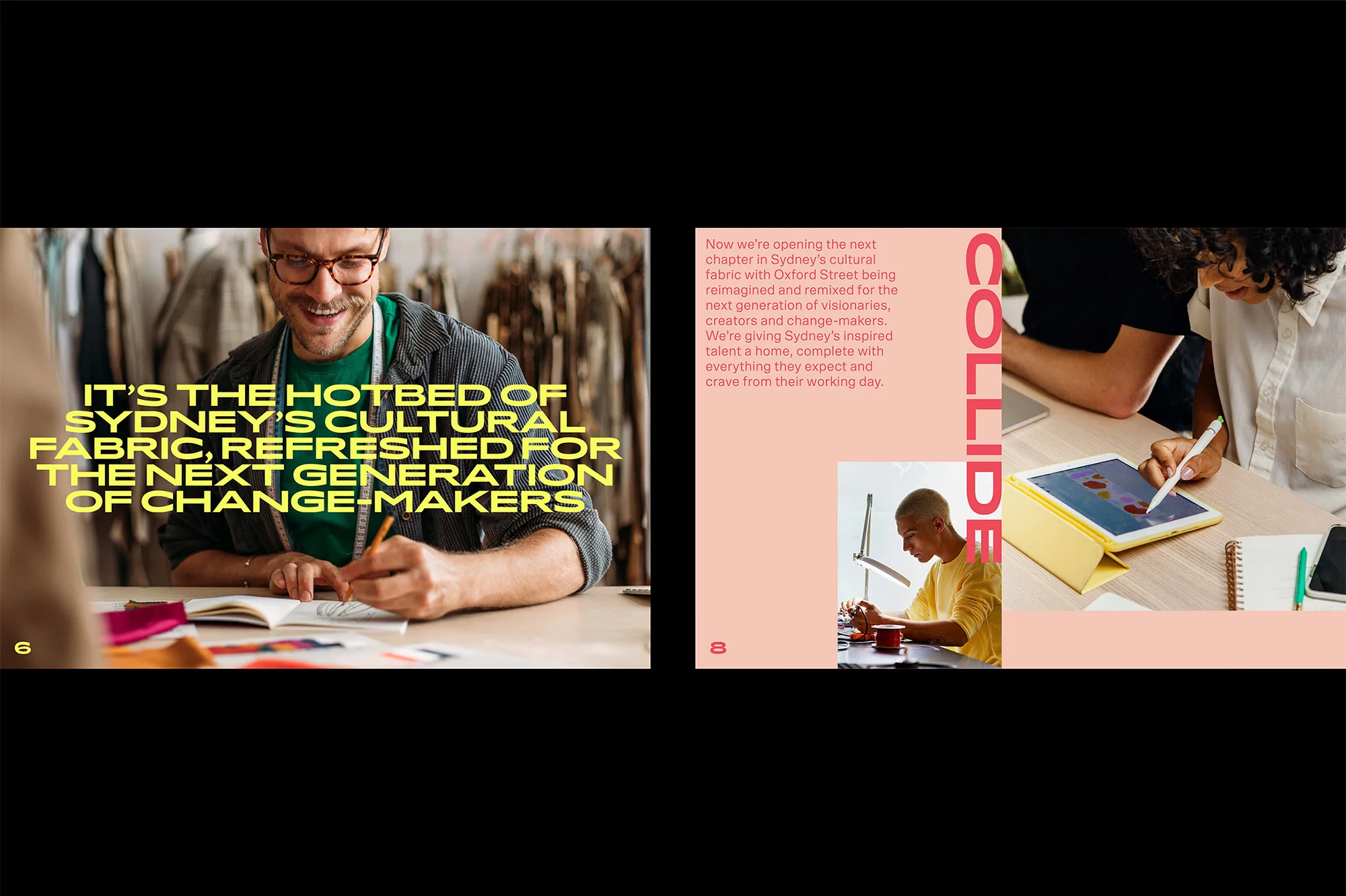 Collage featuring a man sketching at a desk, a woman drawing on a tablet, and another man at a desk with peach-colored accents.
