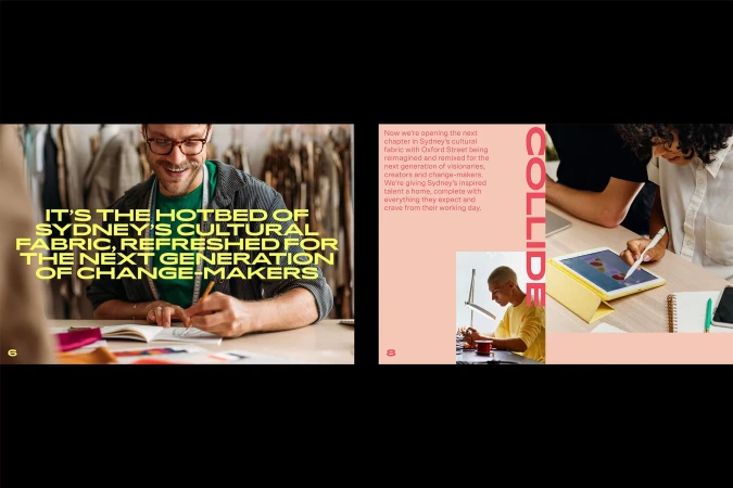 Brand identity editorial layout featuring graphic design elements, people sketching, and typography by Houston Group