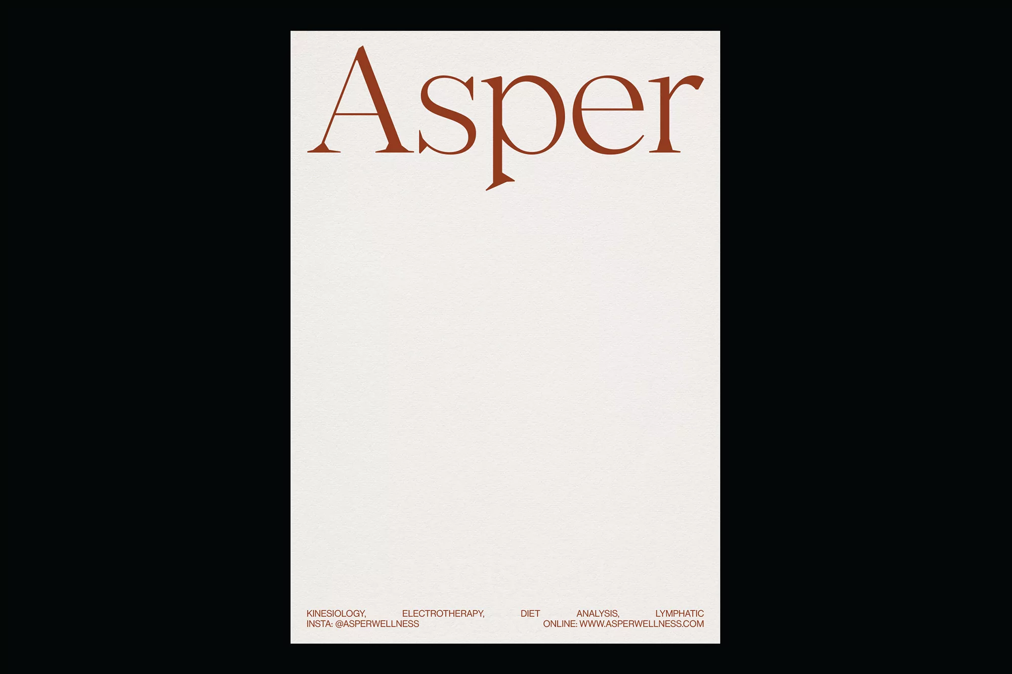 Promotional image for Asper Wellness featuring typography and text promoting kinesiology, electrotherapy, diet, and lymphatic analysis.