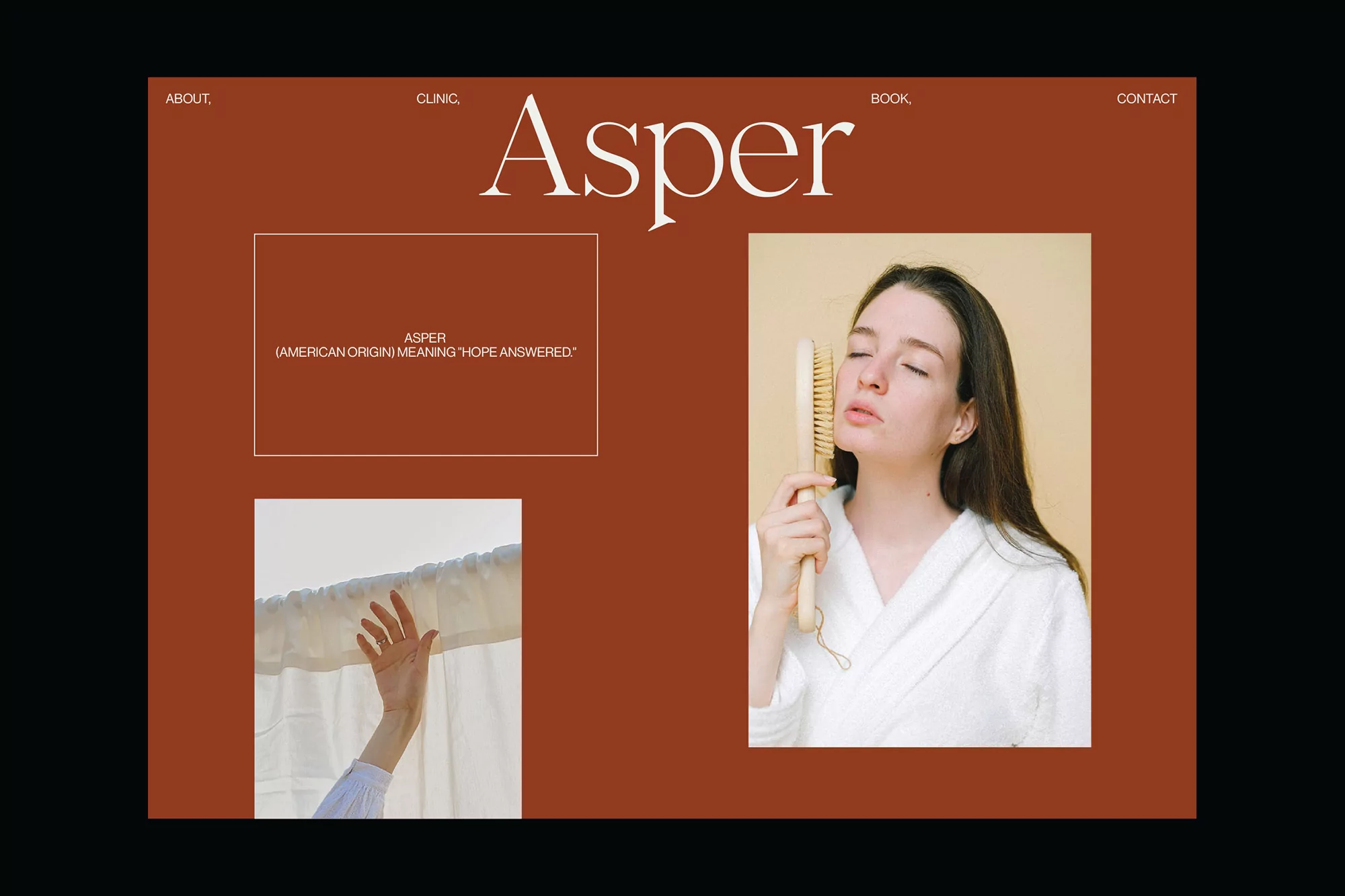 Homepage of beauty and health clinic website featuring a woman brushing her face and minimal interface design with a rust and cream color scheme.