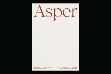 Minimalist graphic design brand identity layout featuring large serif typography spelling Asper on textured white paper
