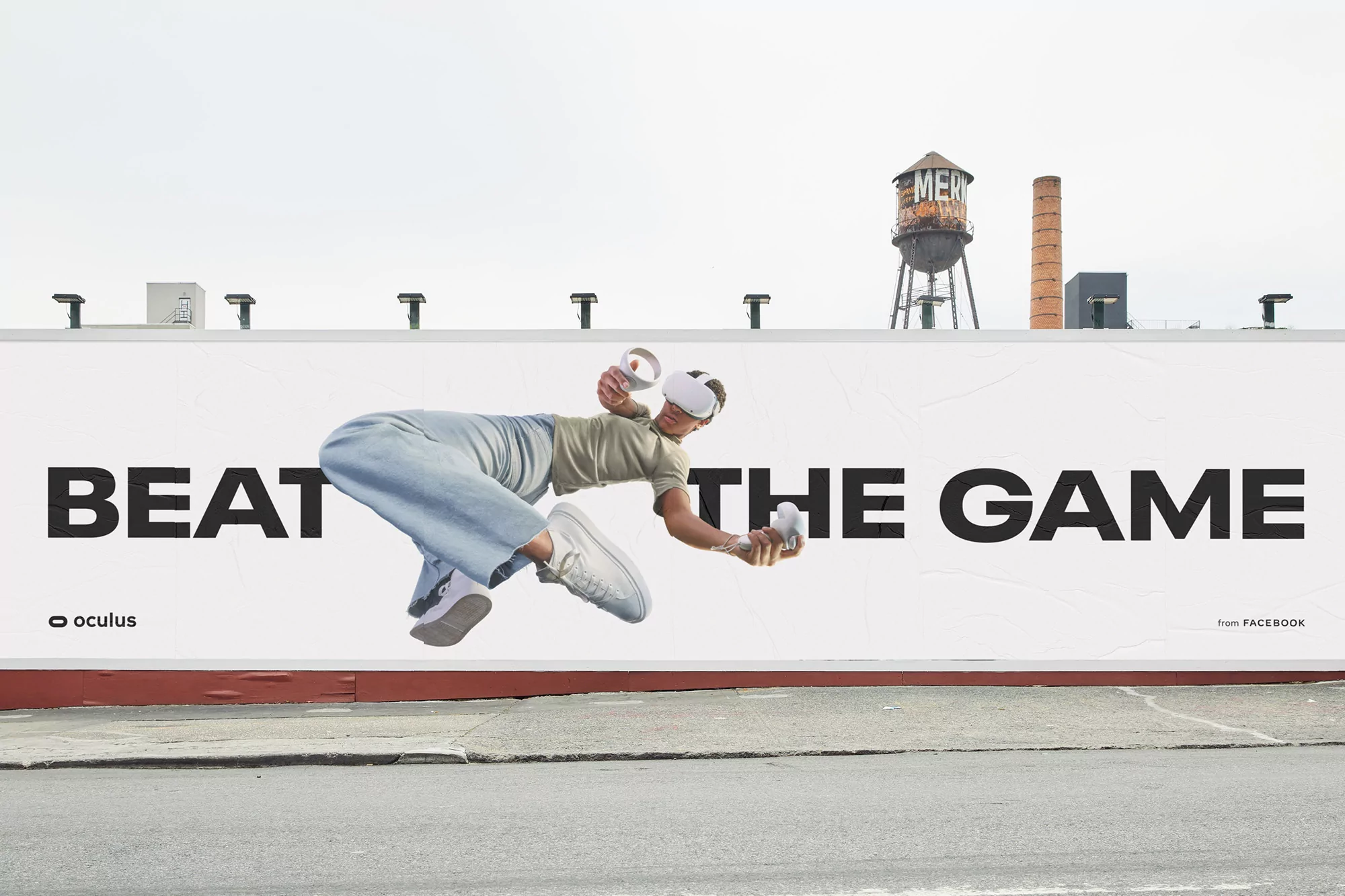 Outdoor advertising featuring a woman wearing a VR headset with controllers, set against a white wall and urban environment.