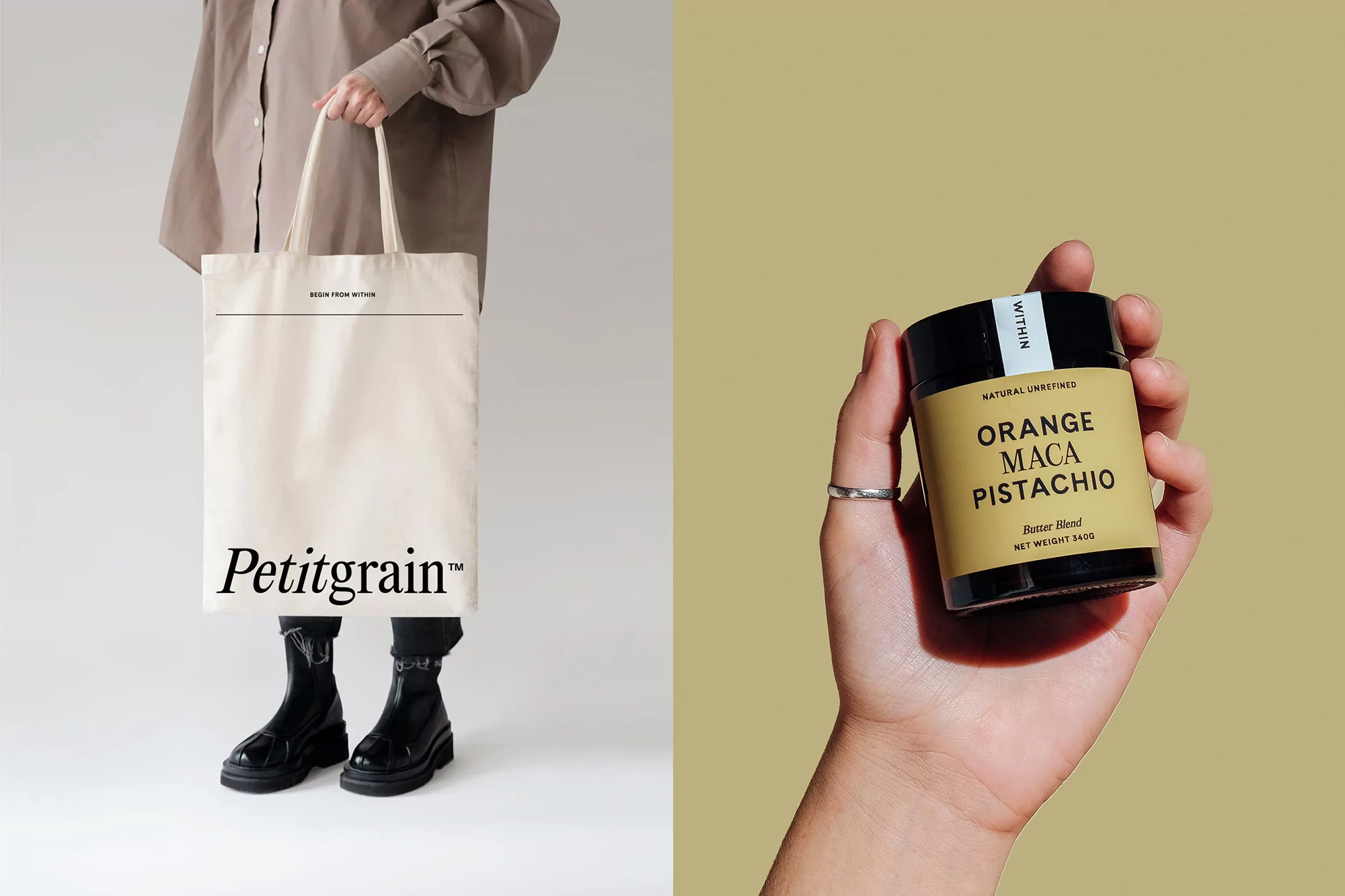 Person in beige shirt and black boots holding a tote bag with the word Petitgrain, and a container of Orange Maca Pistachio.