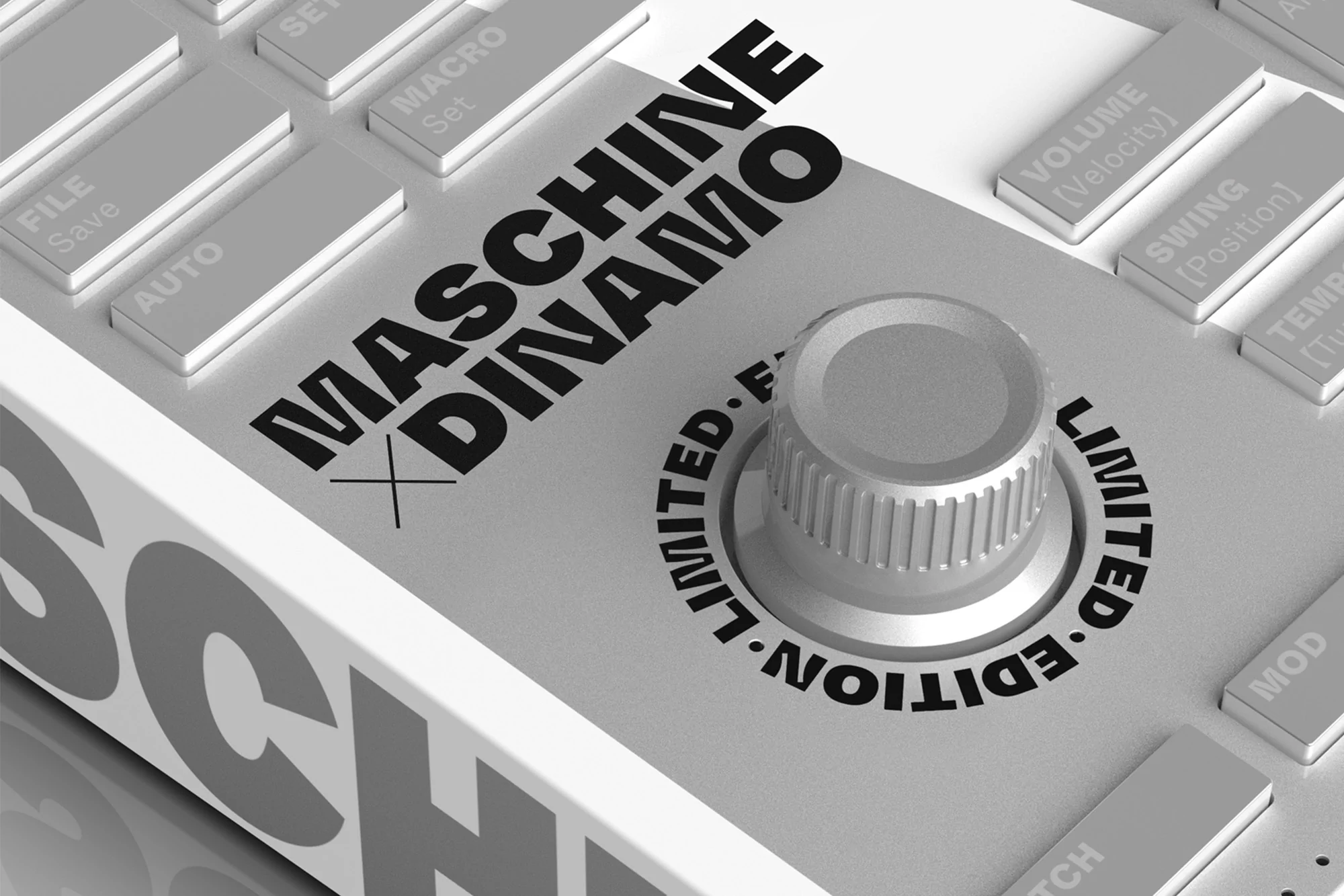 Close-up studio shot of a gray audio mixer with labeled white buttons, a knob, and bold black text reading MASCHINE DINAMO LIMITED EDITION.
