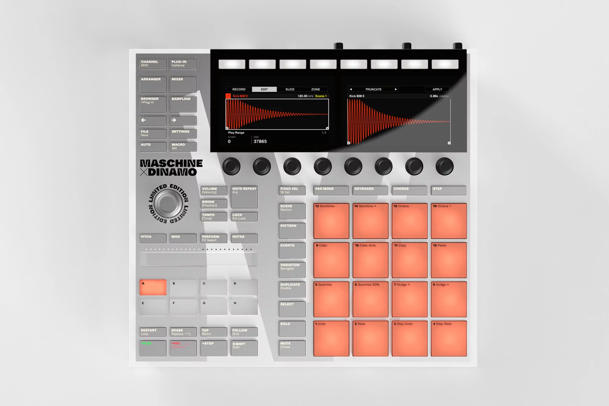 Overhead shot of a Maschine X Dinamo limited edition controller on a white surface, showcasing its interface and design elements.