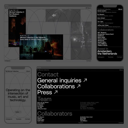 Website mockups display Minimal Collective designs with website screenshots, company team, and contact information on dark backgrounds.