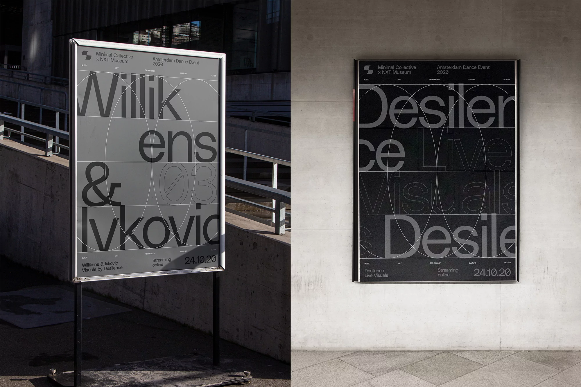 Two minimalistic graphic posters are displayed outdoors, promoting an Amsterdam dance event with bold typography and grayscale color palette.