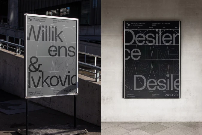 Two minimalistic graphic posters are displayed outdoors, promoting an Amsterdam dance event with bold typography and grayscale color palette.