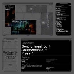 Monochrome UI wireframes and website mockups displaying digital interface layouts across multiple device screens for Minimal Collective.