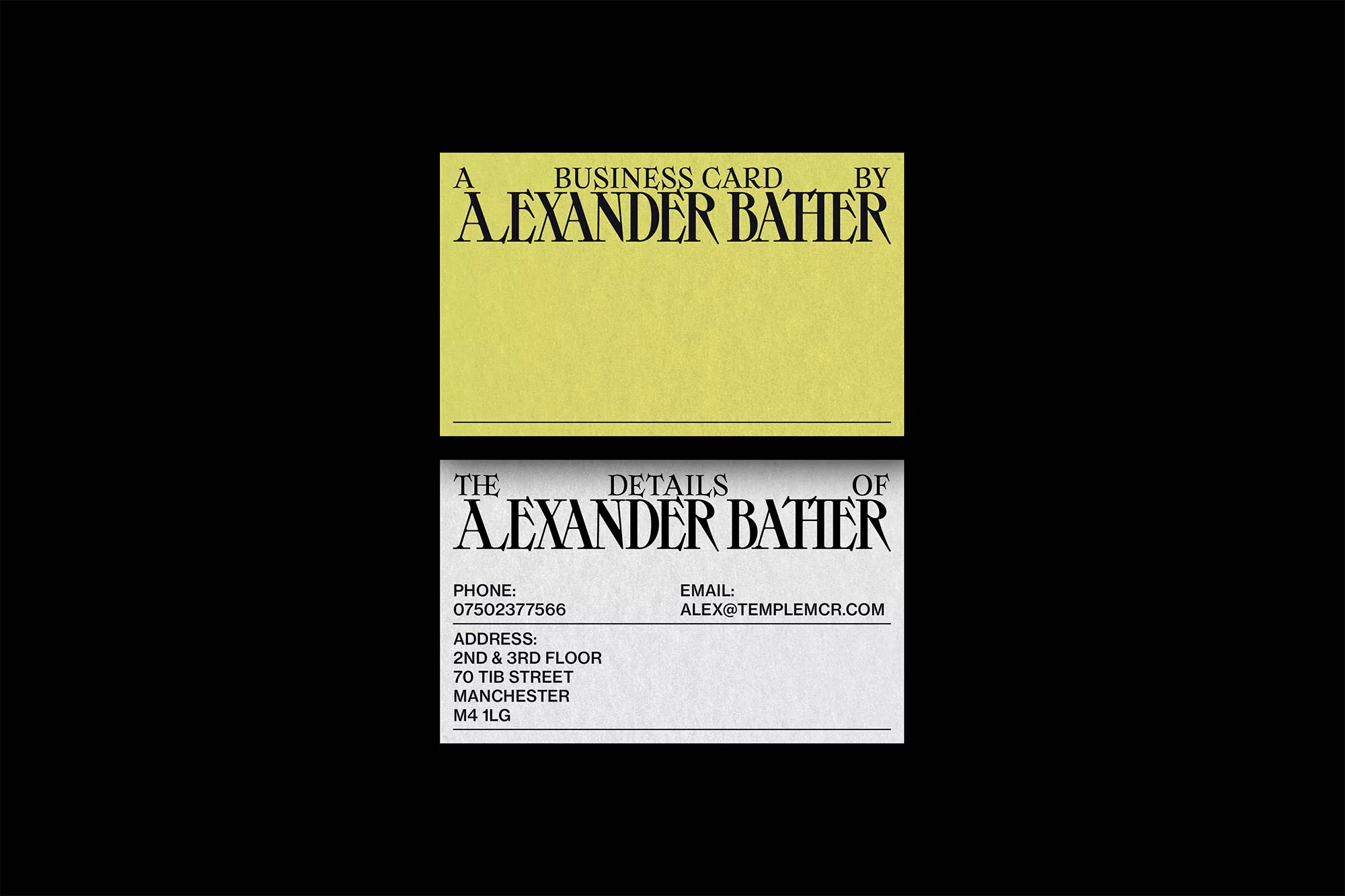 Two business cards are stacked vertically, featuring yellow and gray cardstock, with black sans-serif typography on a stark black background.