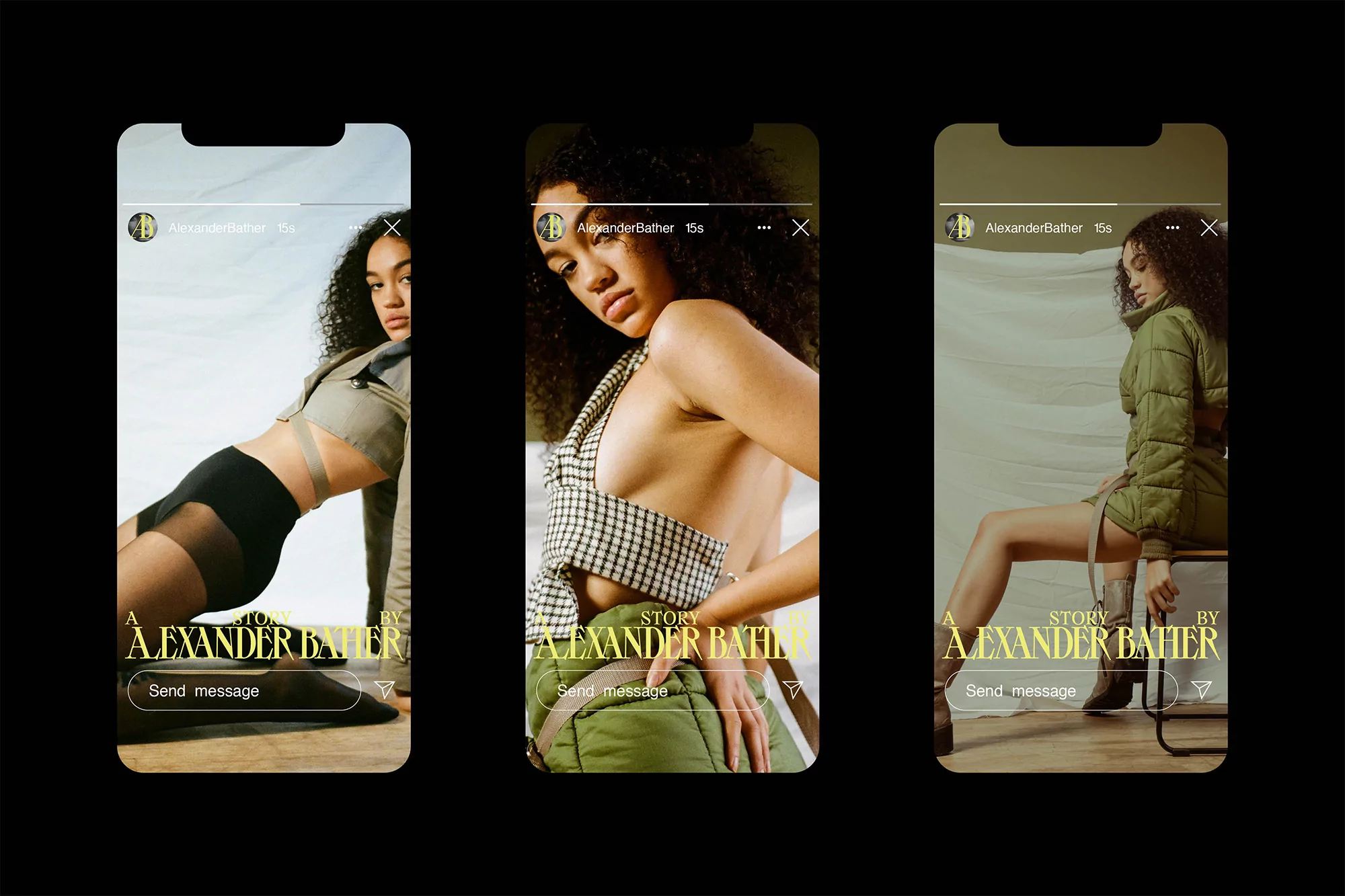 Three phone screens display a model in different outfits, showcasing fashion in a studio setting with soft lighting and neutral background.