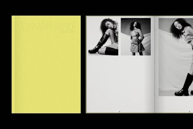 Spread of a fashion book featuring black and white editorial photography alongside a solid yellow cover page for Alexander Bather.