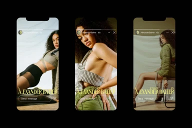 Three mobile phone interface mockups displaying social media story layouts with a female model for Alexander Bather brand identity