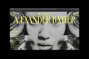 Browser window showing brand identity design for Alexander Bather with a monochrome face portrait and yellow typography