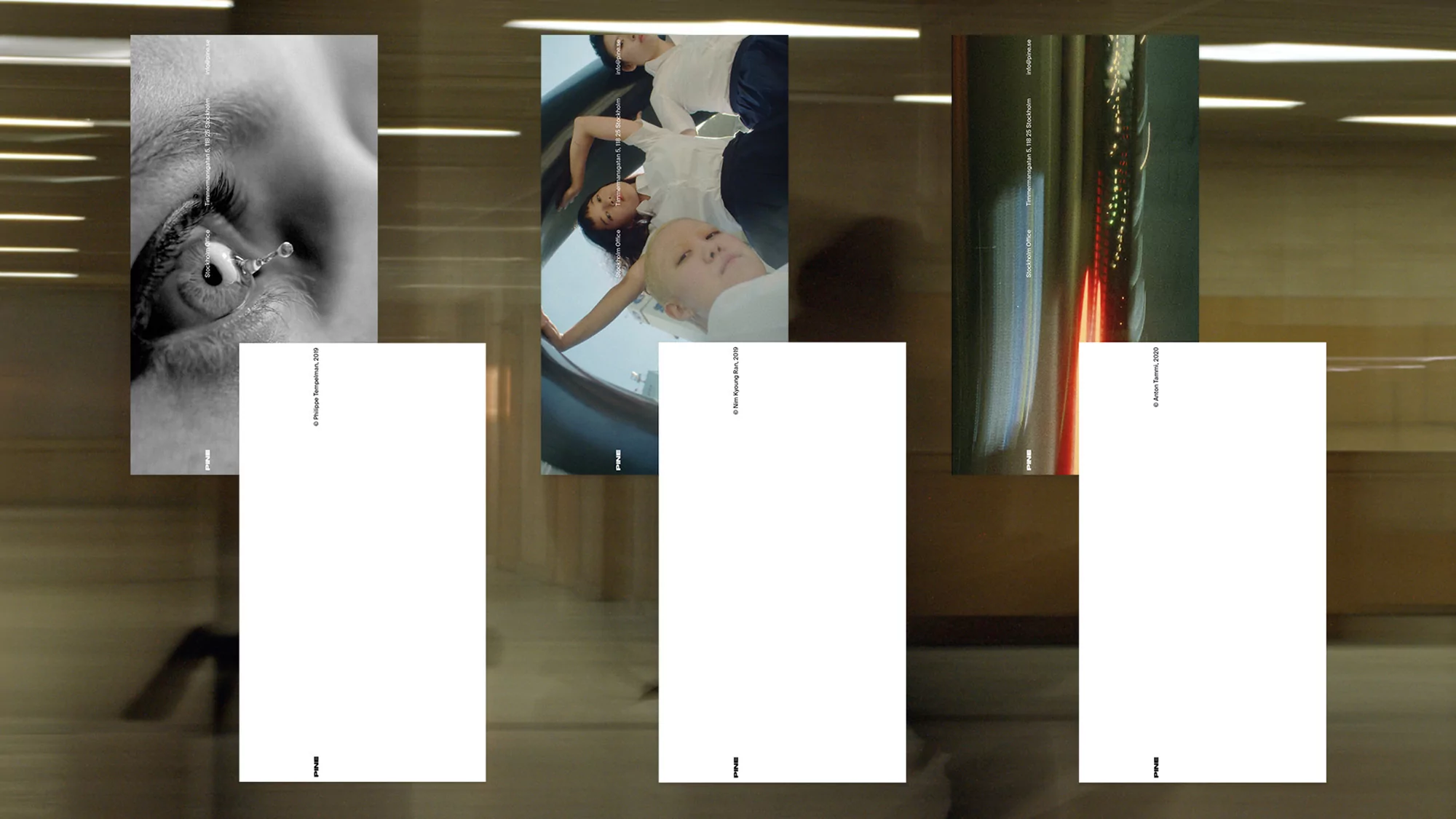 Abstract blurred background with three differently styled photographs featuring a close-up of an eye and portraits of people.