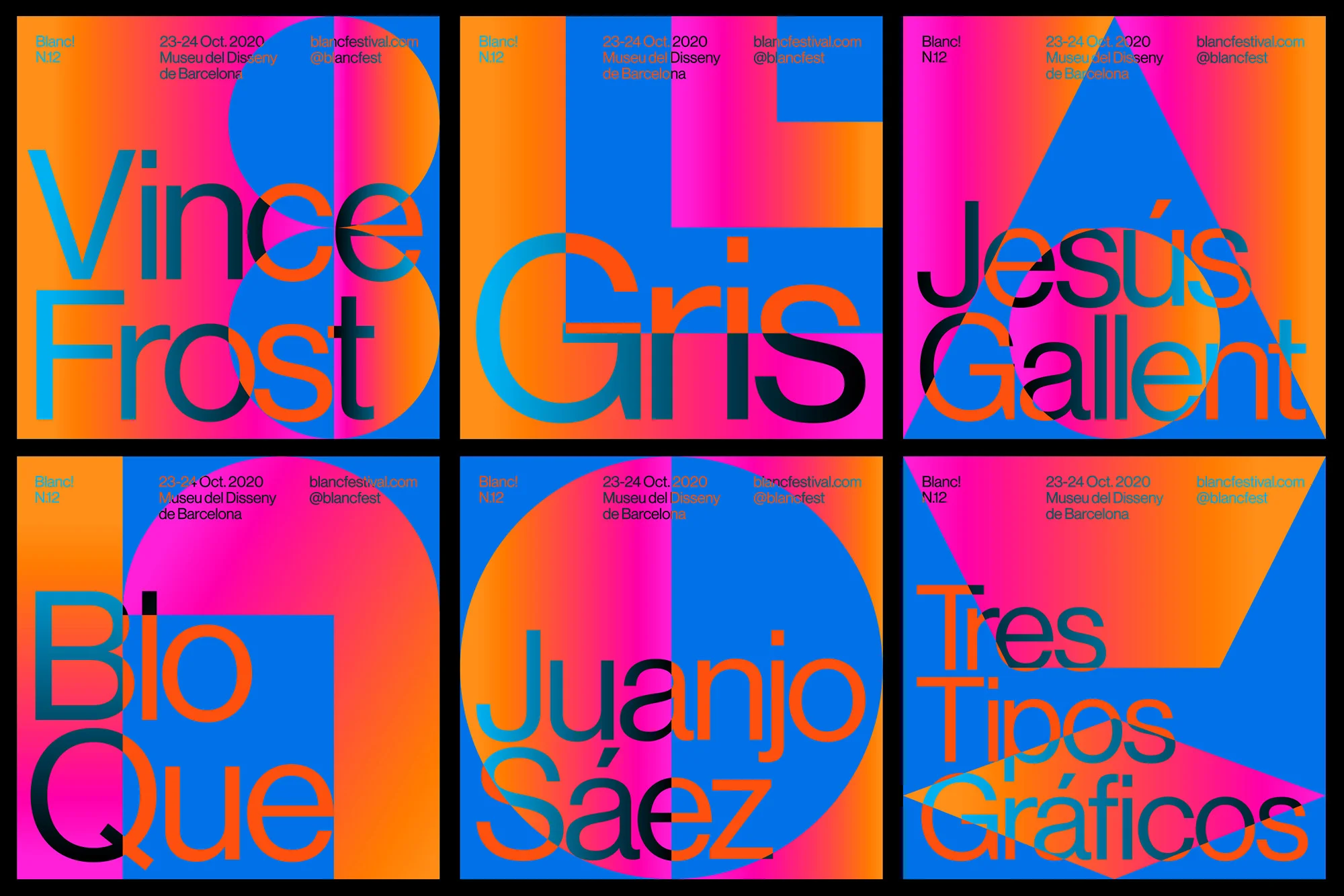 Promotional graphics featuring colorful text against vibrant backgrounds; geometric shapes and text design.