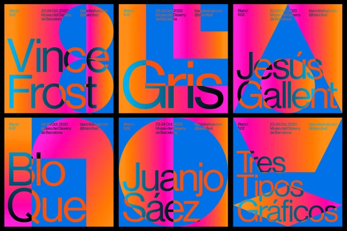 Promotional graphics featuring colorful text against vibrant backgrounds; geometric shapes and text design.