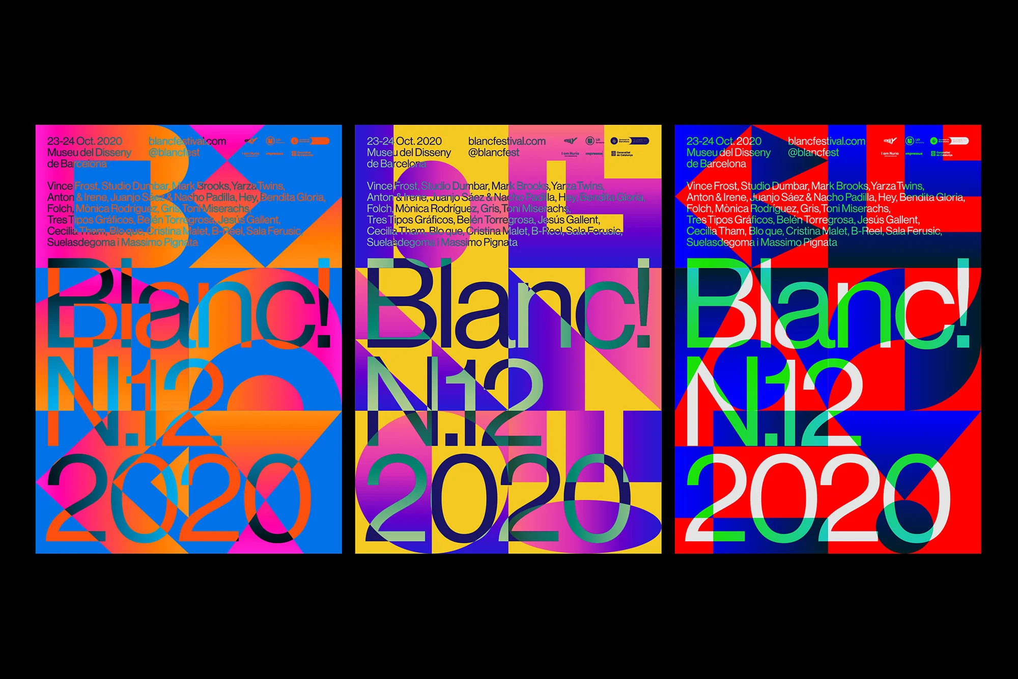 Three graphic design posters for Blanc! festival featuring colorful geometric shapes and typography on a black background.