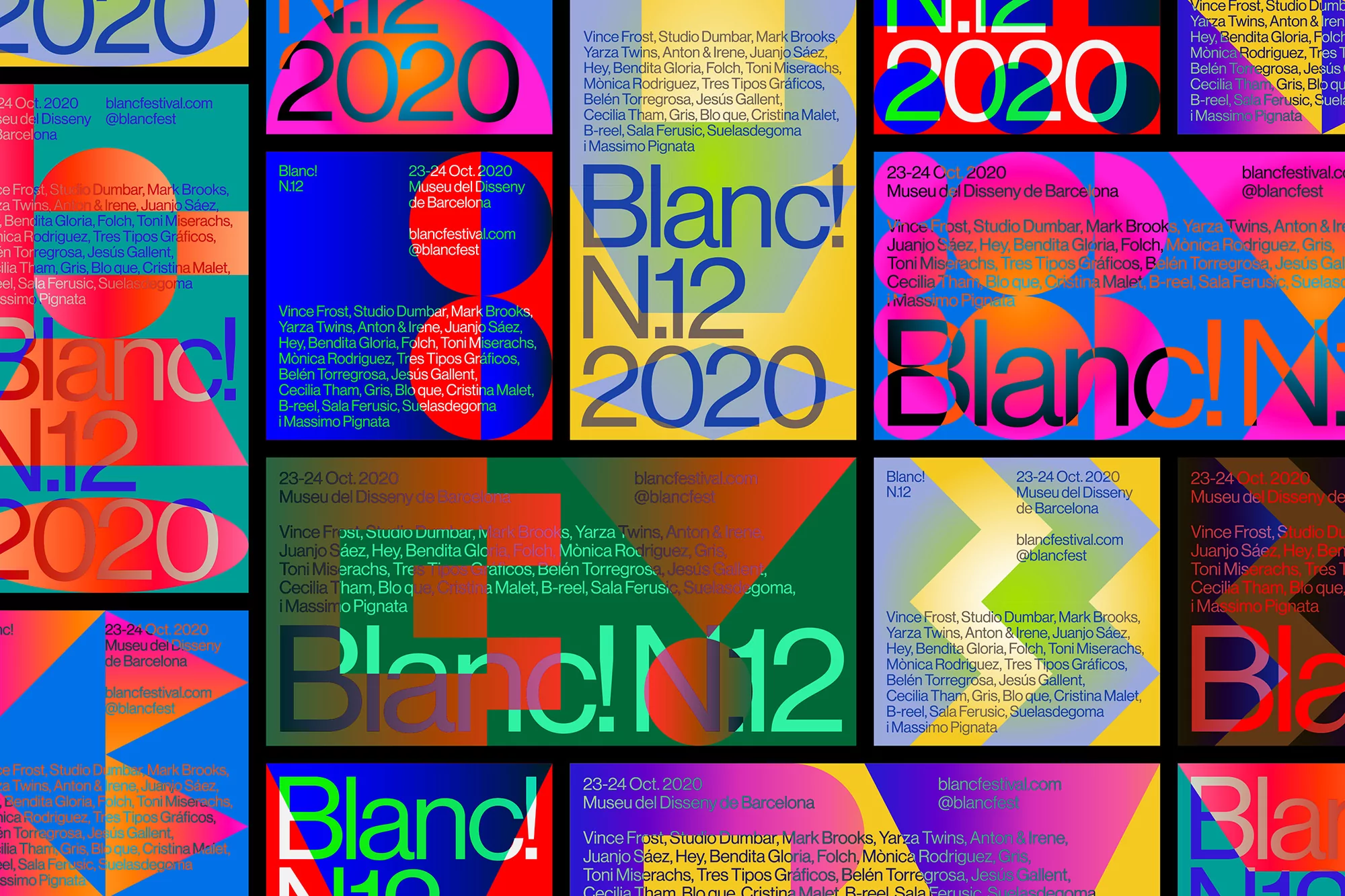 Promotional material featuring stacked 'Blanc! N.12 2020' posters with typography, event dates, names, and website information on a colorful graphic background.