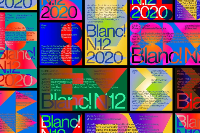 Promotional material featuring stacked 'Blanc! N.12 2020' posters with typography, event dates, names, and website information on a colorful graphic background.