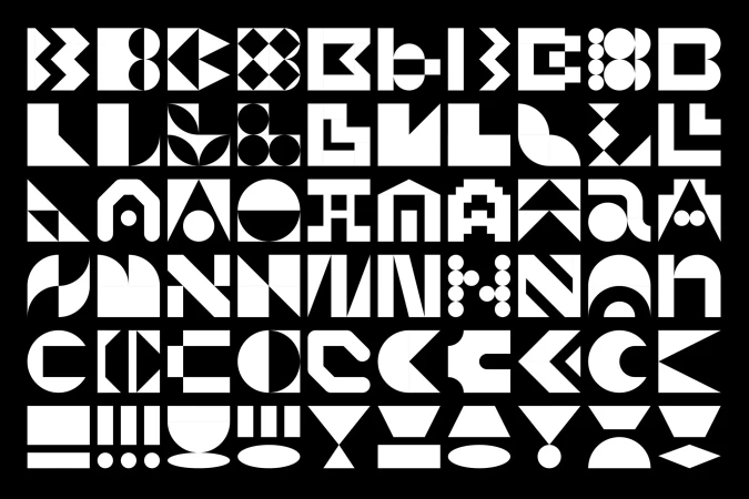 Geometric typography art featuring black background and bold white shapes of letters and numbers in rows and columns for graphic design.