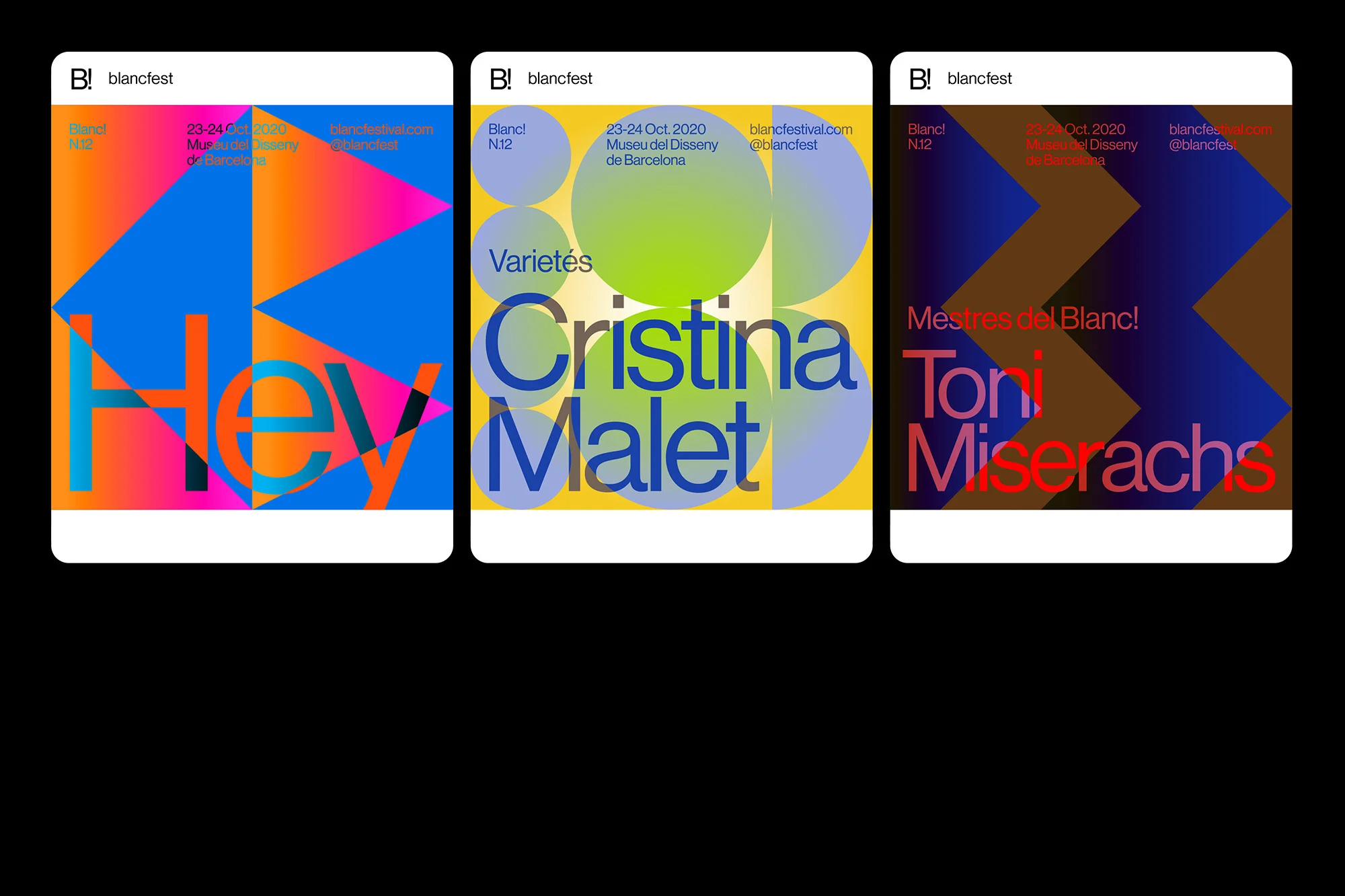 Blancfest posters feature vibrant abstract designs, bold typography, and event details for the Museu del Disseny de Barcelona festival.