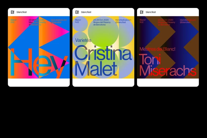 Blancfest posters feature vibrant abstract designs, bold typography, and event details for the Museu del Disseny de Barcelona festival.