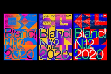 Three colorful typographic festival posters featuring bold geometric patterns and vibrant color gradients for Blanc! brand identity.