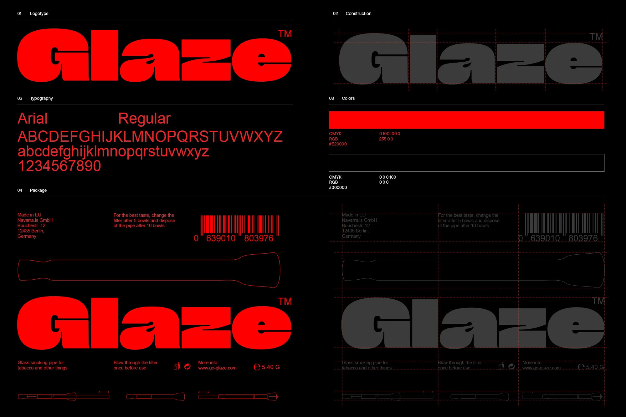 Product presentation featuring Glaze smoking pipe branding with typography, construction details, color swatches, and packaging information.