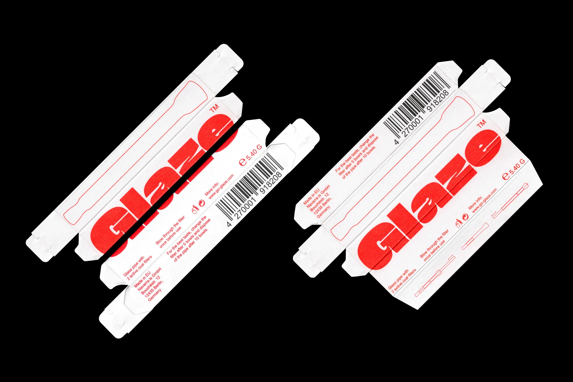 Two Glaze branded product boxes with barcode on a black background, packaging design featuring red lettering and white paper.