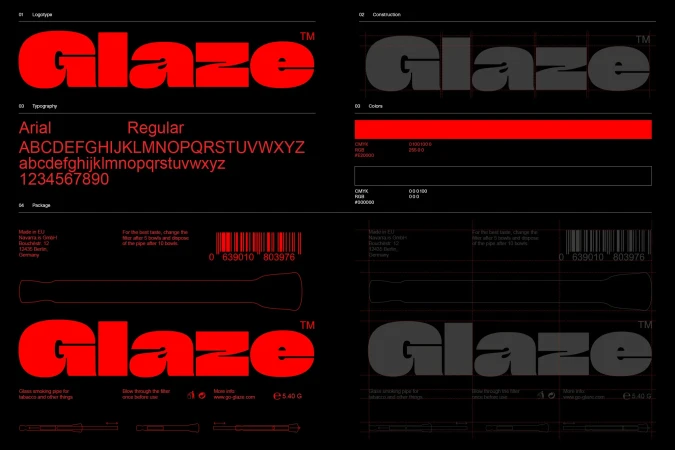 Brand identity guidelines for Glaze featuring bold red typography, logo construction, color palette, and packaging details