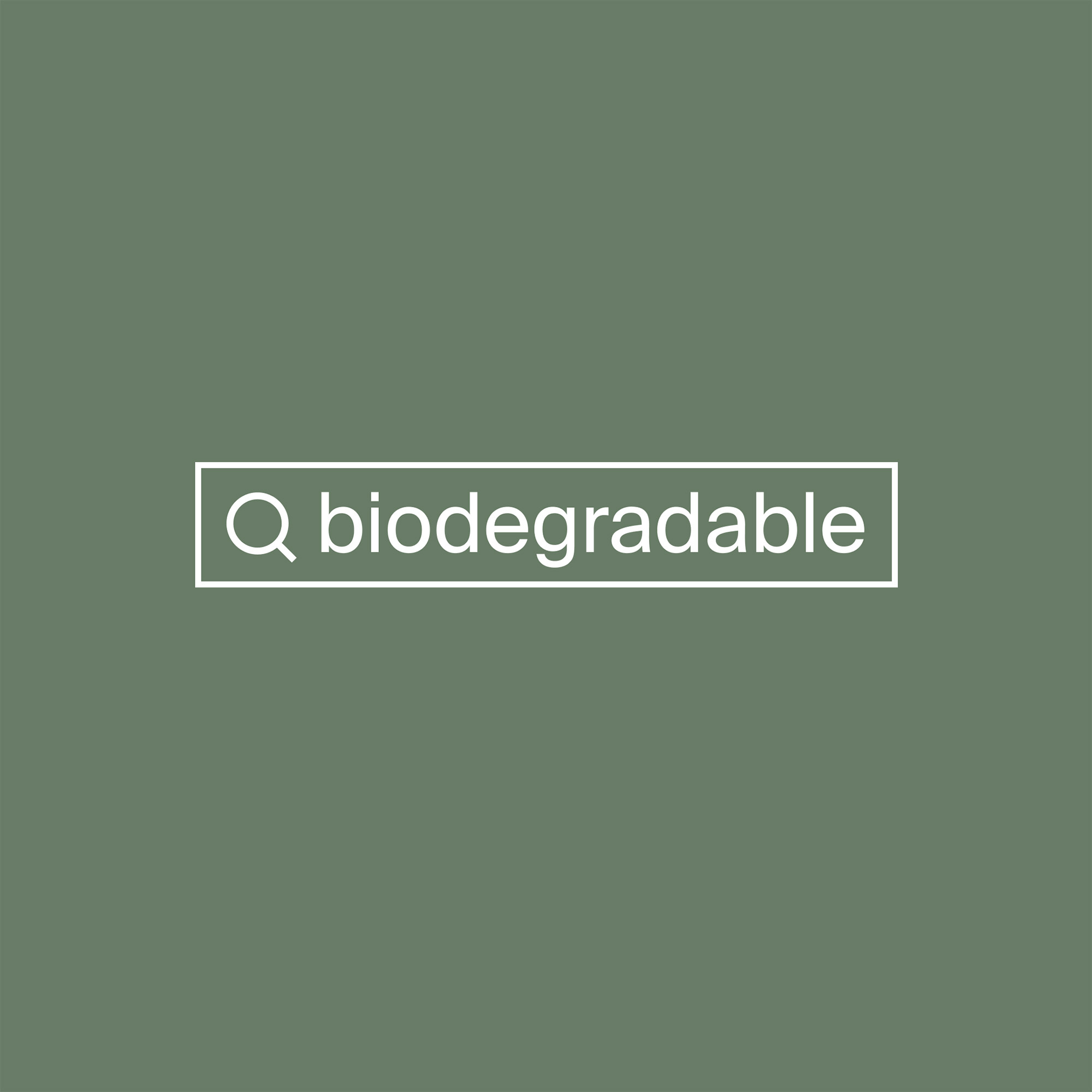 Image with a stylized search box containing the word 'biodegradable' displayed in white on a solid sage green background.