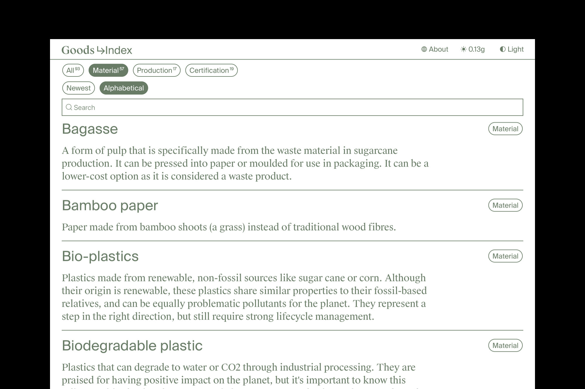 Screenshot of a website interface displaying a list of sustainable materials such as Bagasse, Bamboo paper, Bio-plastics, and Biodegradable plastic.