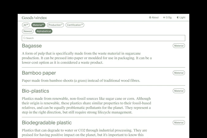 Screenshot of a website interface displaying a list of sustainable materials such as Bagasse, Bamboo paper, Bio-plastics, and Biodegradable plastic.