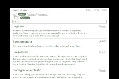 Screenshot of Goods Index web interface showing material definitions including bagasse and bamboo paper