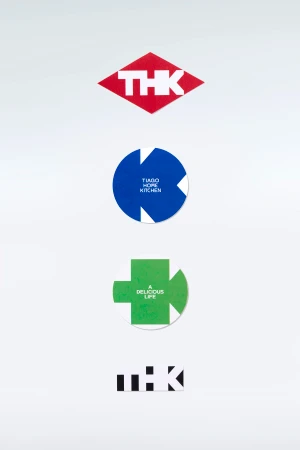 Four distinct brand logo stickers featuring graphic typography and bold shapes arranged vertically on a plain white background.