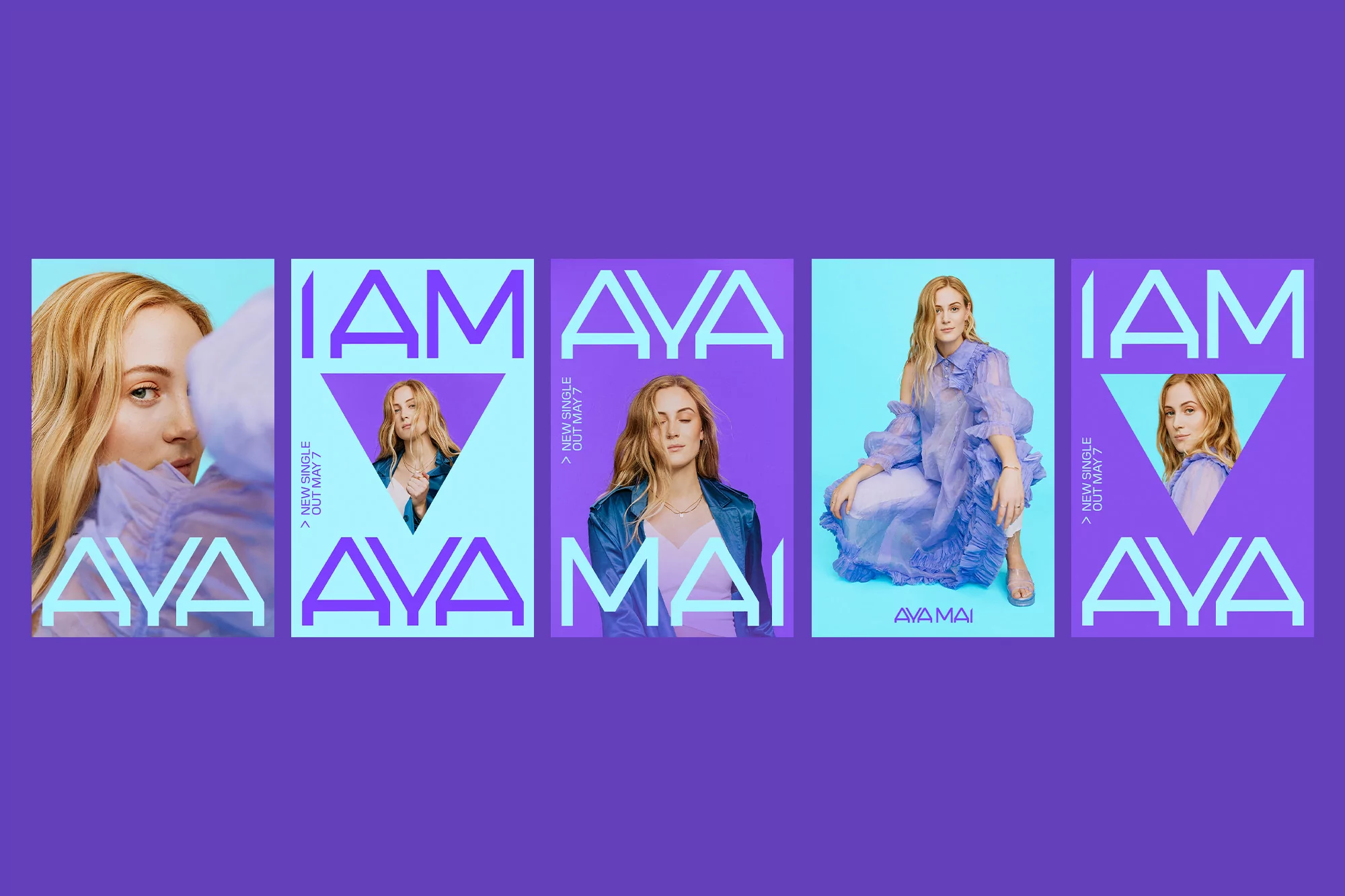 Ava Max promotional posters feature the singer in various poses against a blue and purple background for her upcoming new single.