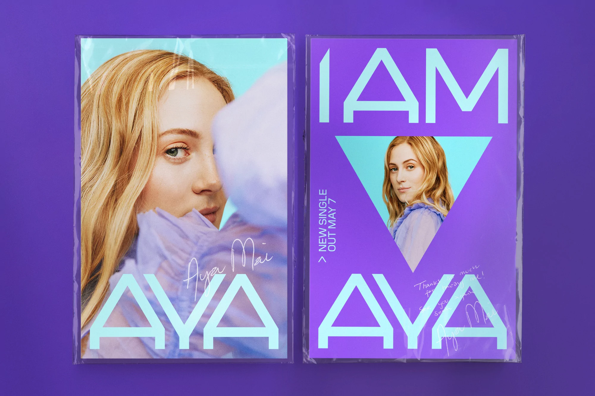 Two Aya Mai single covers: one features a close-up of a woman with blonde hair, the other shows the single title with a portrait inset.