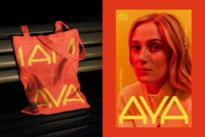 Ava Max promotional image featuring a branded tote bag and album art with the singer's portrait and release date information.