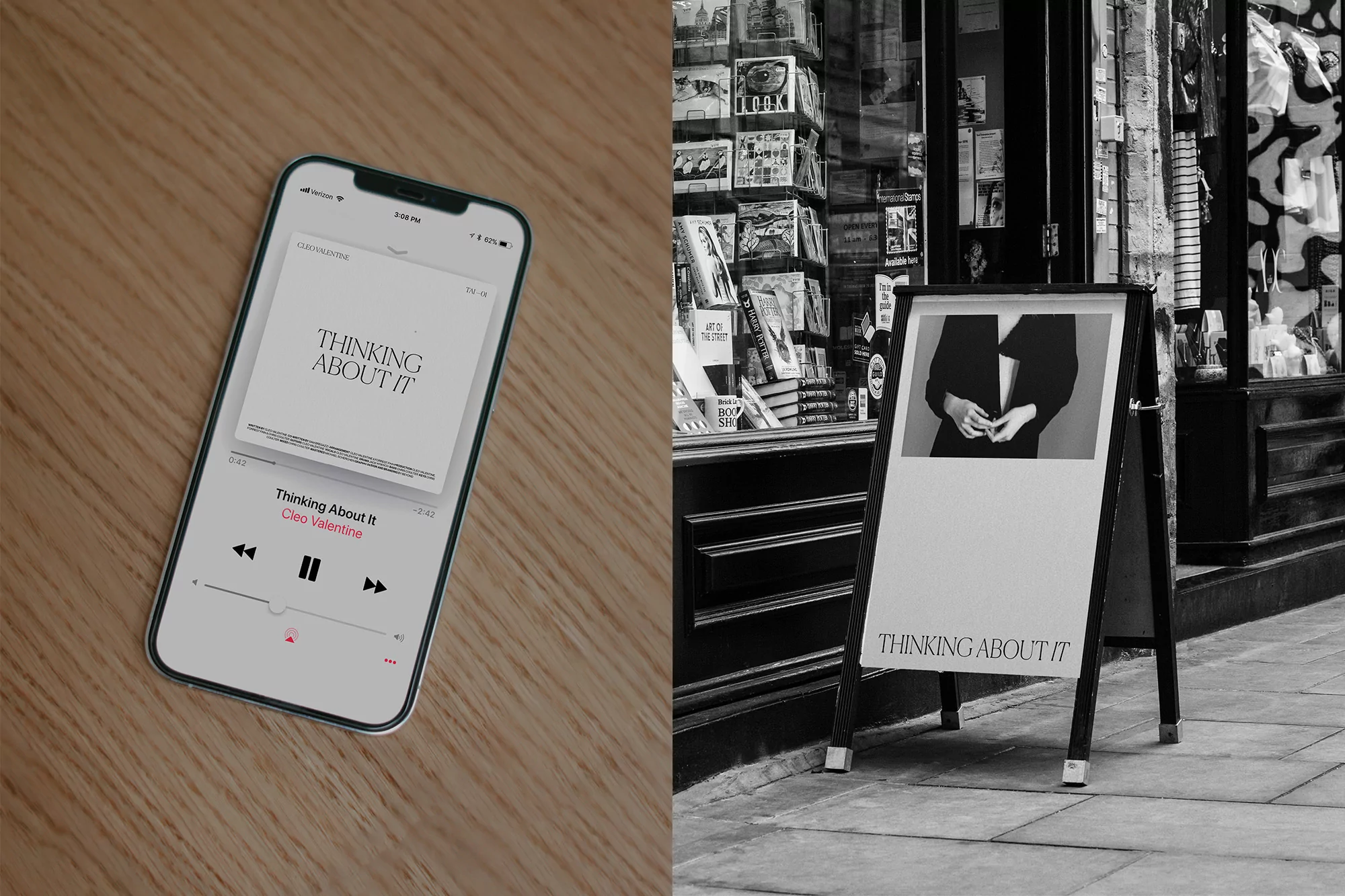 Smartphone playing music beside an A-frame sidewalk sign featuring black-and-white fashion photography in an urban setting.