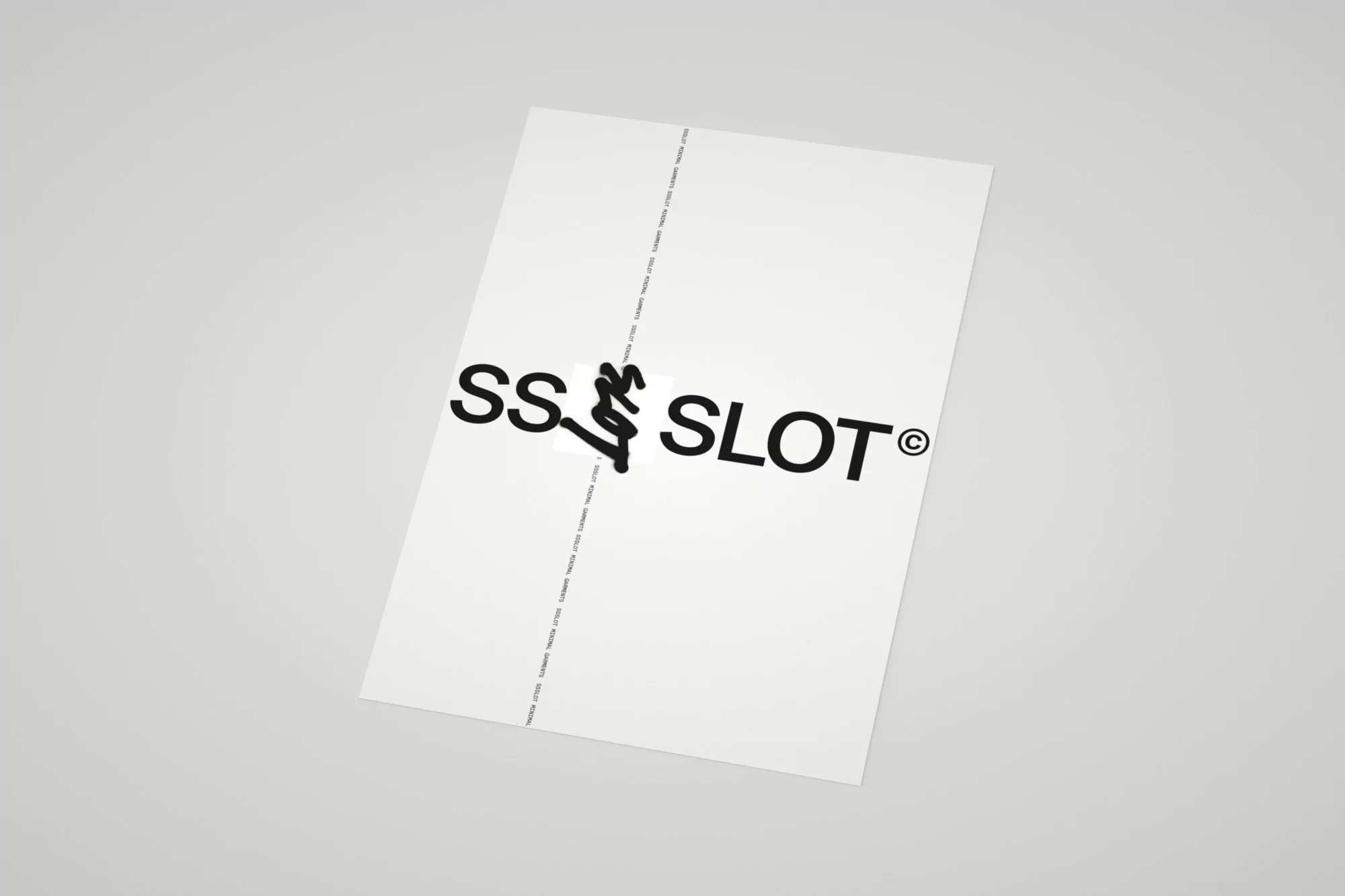 A white promotional flyer displays the words 'SS SLOT' in a bold, black sans-serif font with a stylized lightning bolt symbol.