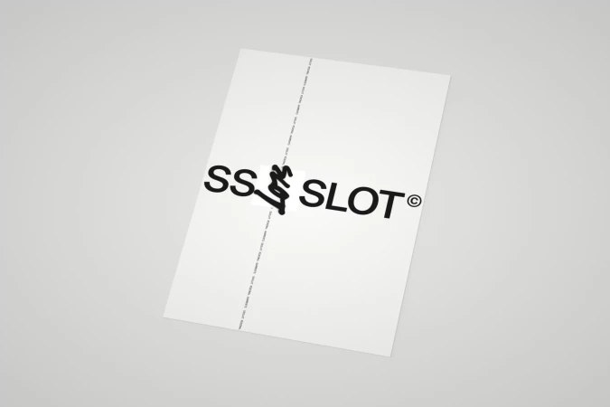 A white promotional flyer displays the words 'SS SLOT' in a bold, black sans-serif font with a stylized lightning bolt symbol.