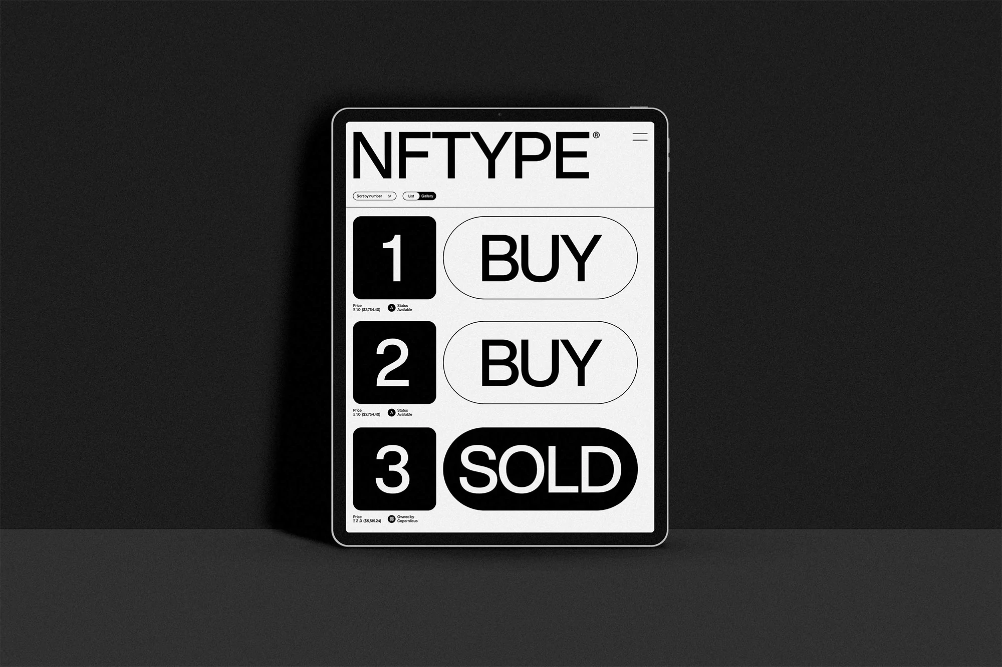 Digital tablet displays NFTYPE interface with 'Buy' and 'Sold' options, set against a dark gray background. Minimalist design.