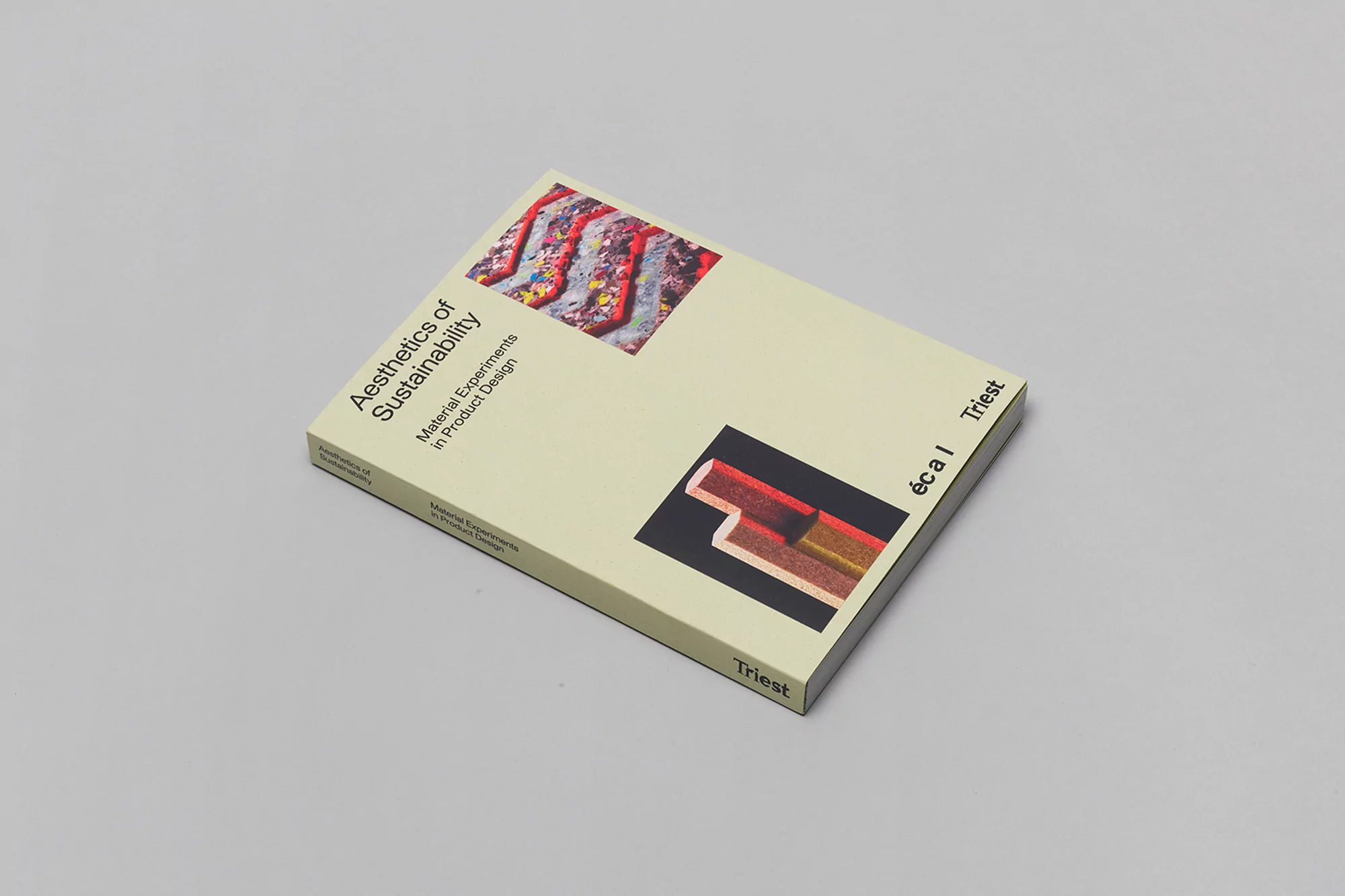 Book cover featuring 'Aesthetics of Sustainability: Material Experiments in Product Design', showcasing textures and patterns on a neutral backdrop.