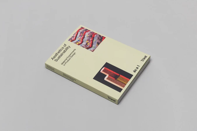 Book cover featuring 'Aesthetics of Sustainability: Material Experiments in Product Design', showcasing textures and patterns on a neutral backdrop.