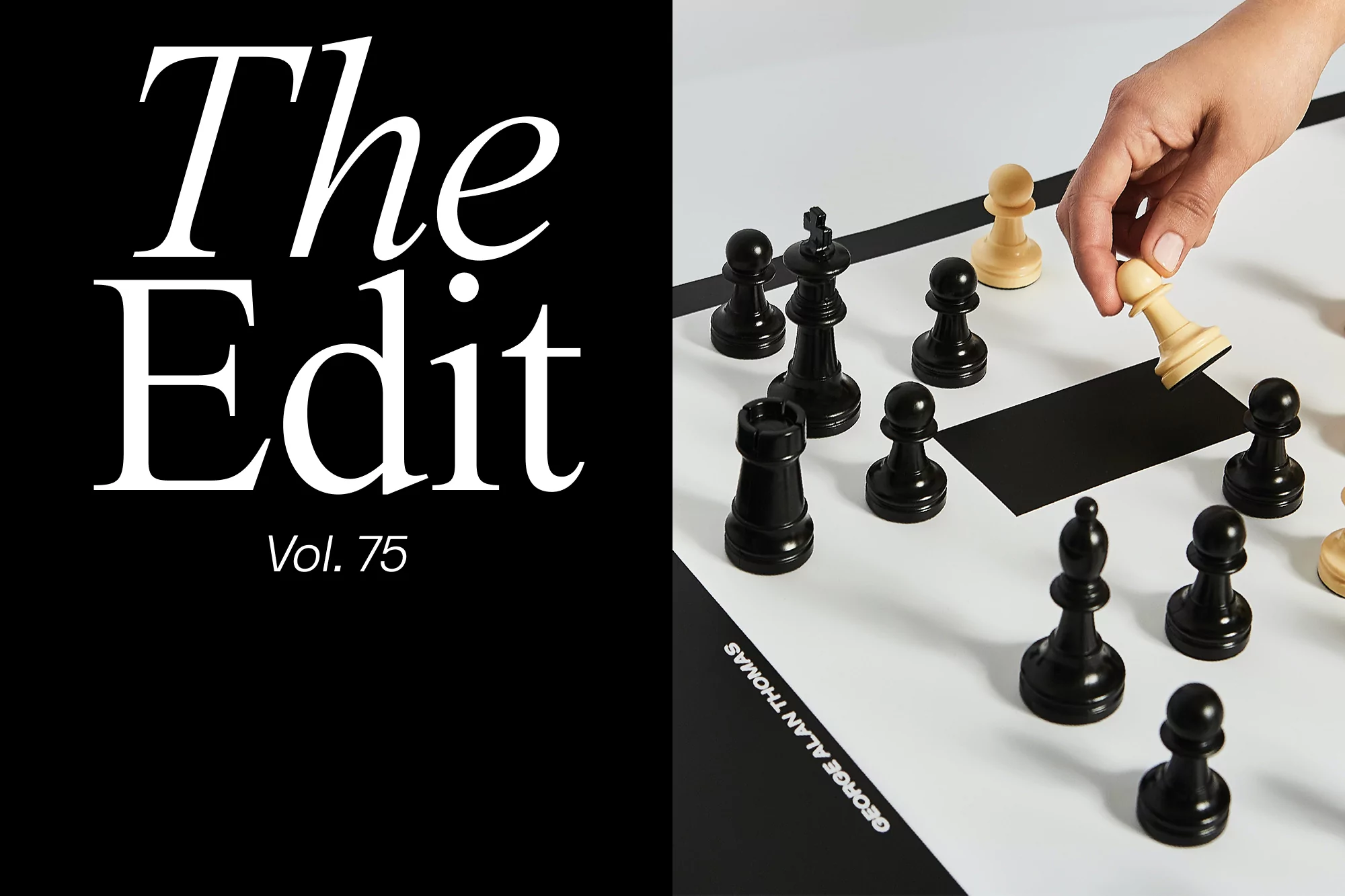 Hand moving a white chess piece on a chess board, playing a game against black chess pieces, with 'The Edit' in bold on the left.