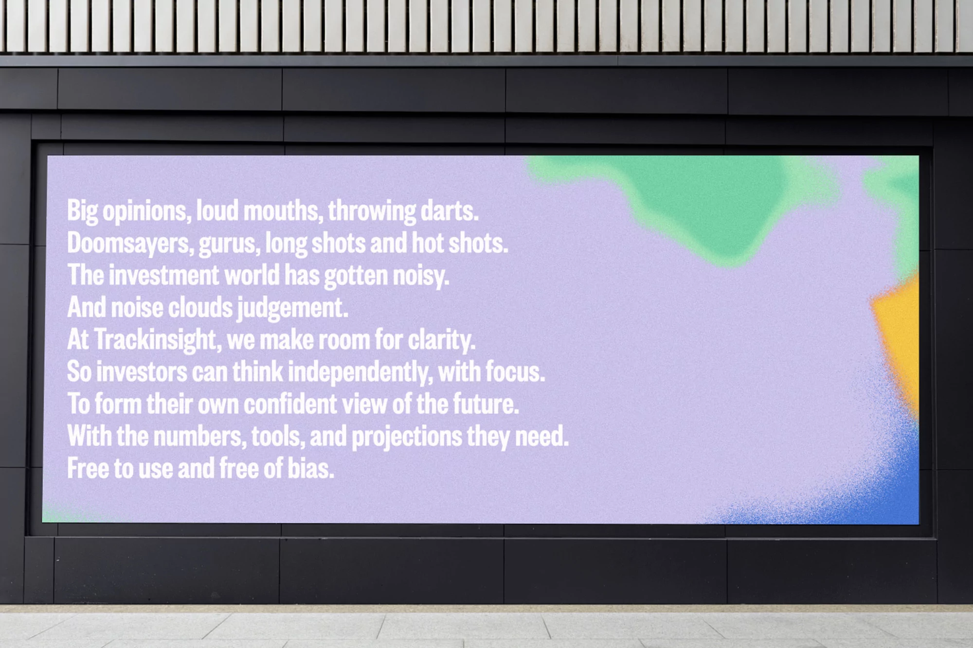 Outdoor billboard ad displays investment advice from Trackinsight, featuring abstract colorful shapes on a light lavender background.